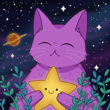 Purrple Cat, a purple cat holding a smiling star in a night sky